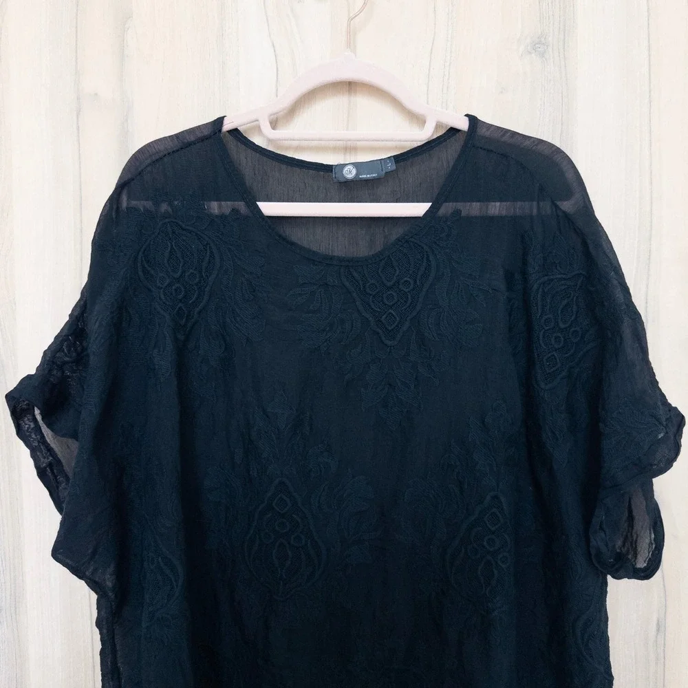 Womens Sheer Embroidered Blouse L Black Floral Italy Layer Witchy Boho Boxy Goth